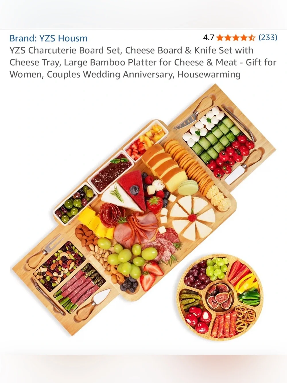 Bamboo Charcuterie & Cheese Serving Board Set - Natural Wood